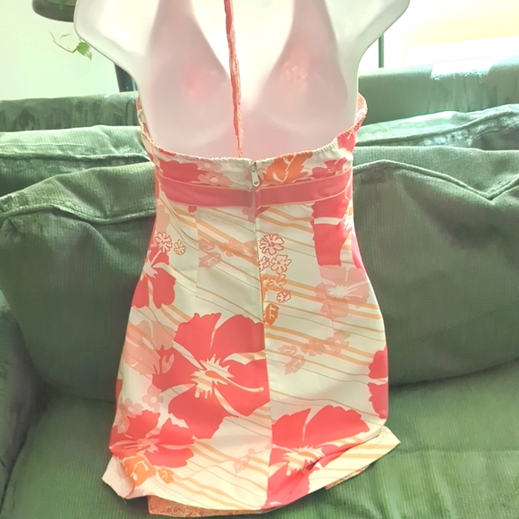 Pink & White Floral Reversible Halter Tie Mini Dress - Picture 3 of 5